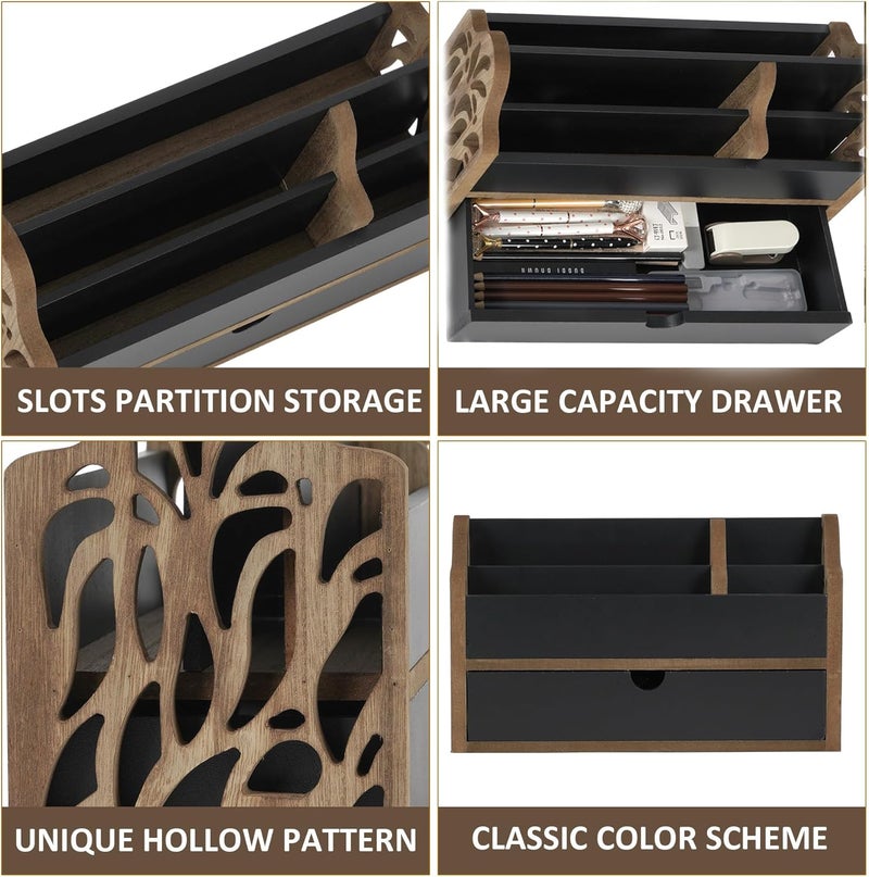 Dhmkfly Desk Organizer with Drawer Wood File Office Mail Organizer Countertop-5 Slot Tabletop Storage Pen Organizer Letter Holder for School Home Office Supplies - Image 3